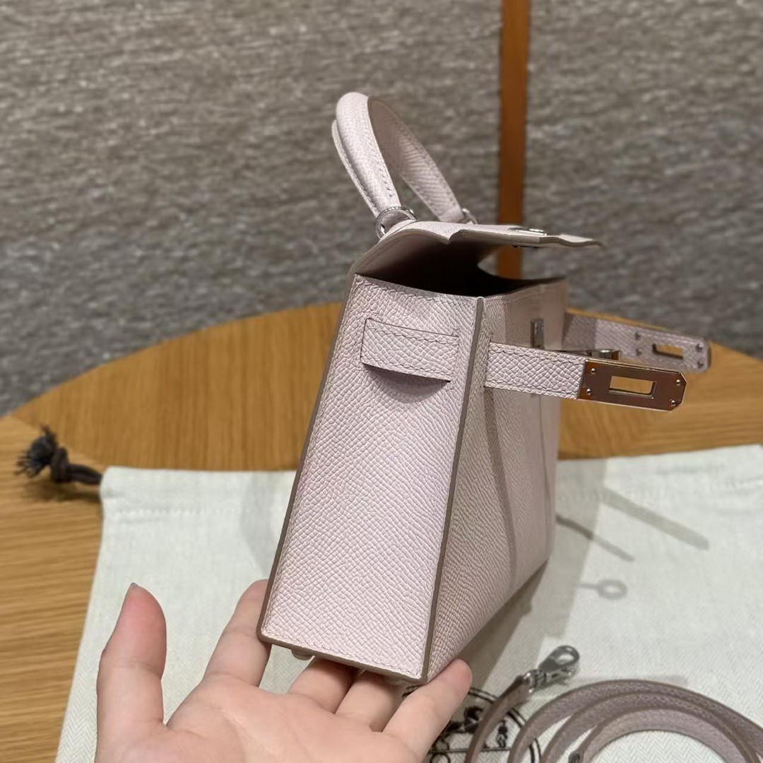 Hermes Kelly Mini 2 19 CM Bag Handmade In Epsom Calfskin Leather Silver Hardware 09 Mauve Pale - Image 17