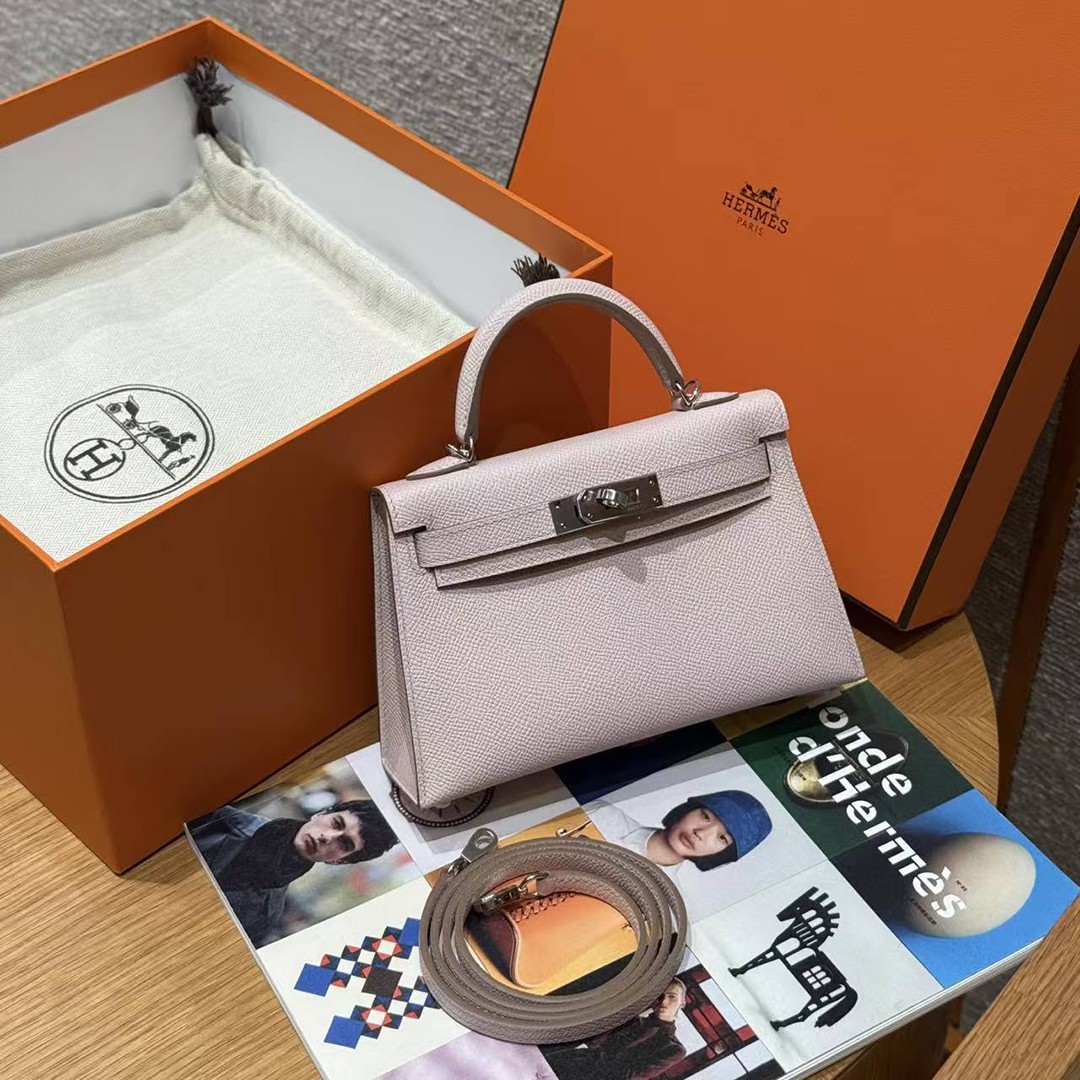 Hermes Kelly Mini 2 19 CM Bag Handmade In Epsom Calfskin Leather Silver Hardware 09 Mauve Pale - Image 6