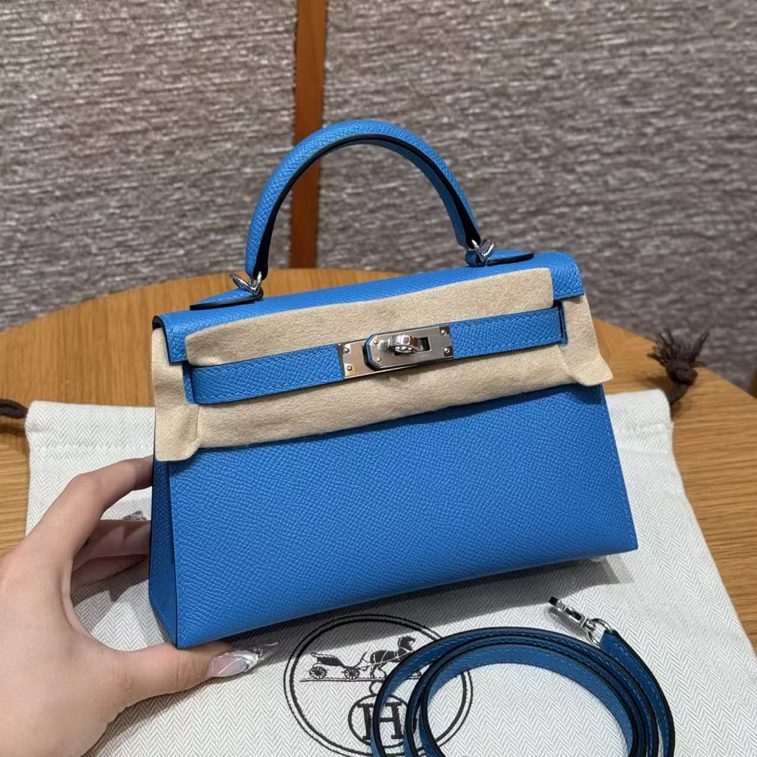 Hermes Kelly Mini 2 19 CM Bag Handmade In Epsom Calfskin Leather Silver Hardware 0F Blue Fruda