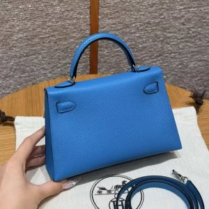 Hermes Kelly Mini 2 19 CM Bag Handmade In Epsom Calfskin Leather Silver Hardware 0F Blue Fruda - Image 2
