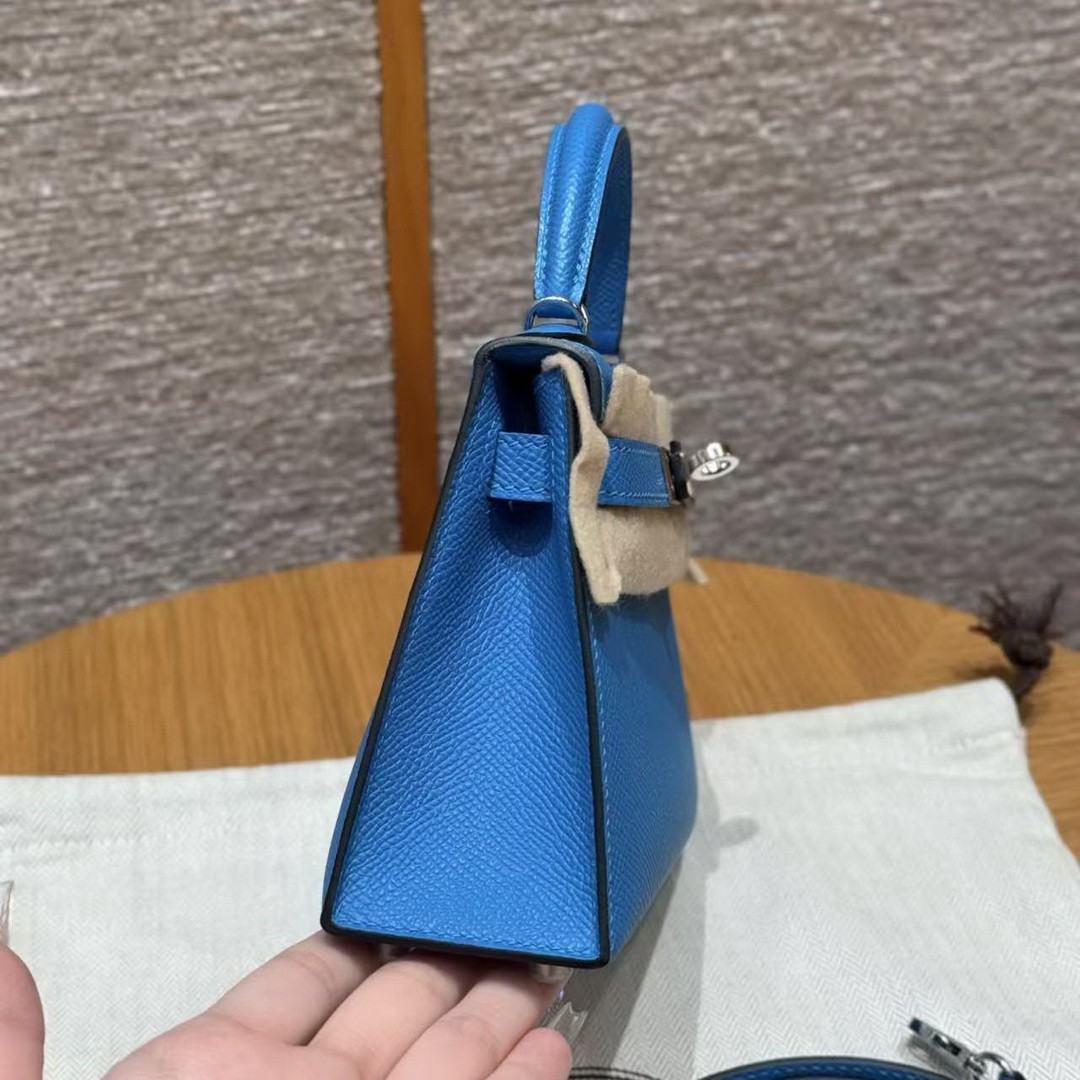 Hermes Kelly Mini 2 19 CM Bag Handmade In Epsom Calfskin Leather Silver Hardware 0F Blue Fruda - Image 19