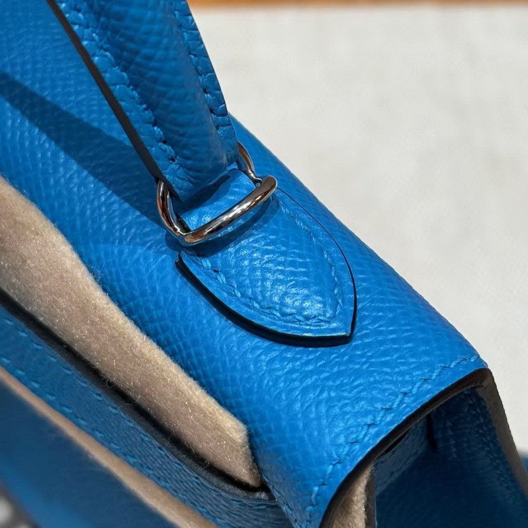 Hermes Kelly Mini 2 19 CM Bag Handmade In Epsom Calfskin Leather Silver Hardware 0F Blue Fruda - Image 16