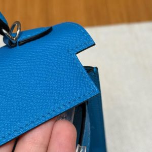 Hermes Kelly Mini 2 19 CM Bag Handmade In Epsom Calfskin Leather Silver Hardware 0F Blue Fruda - Image 14
