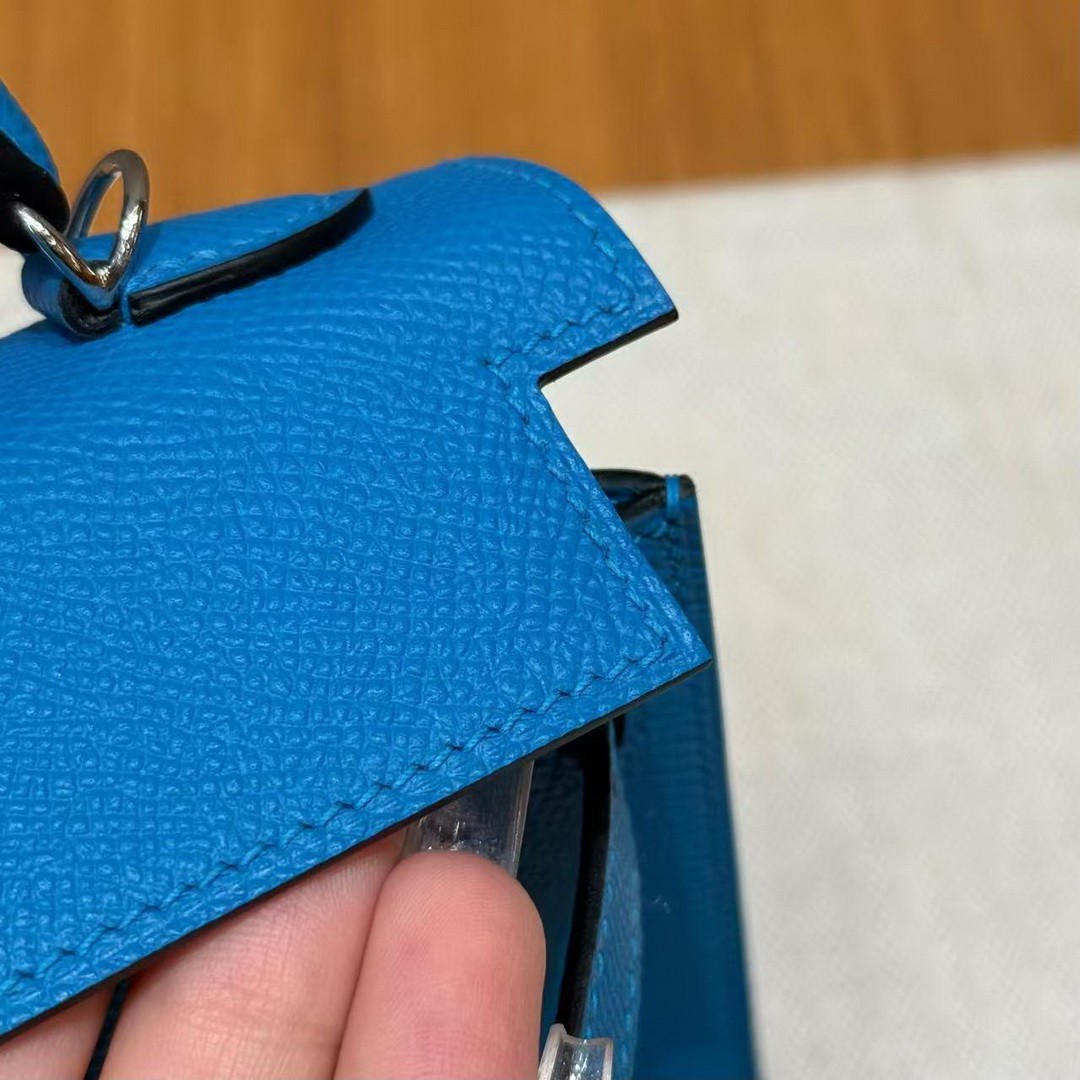 Hermes Kelly Mini 2 19 CM Bag Handmade In Epsom Calfskin Leather Silver Hardware 0F Blue Fruda - Image 14