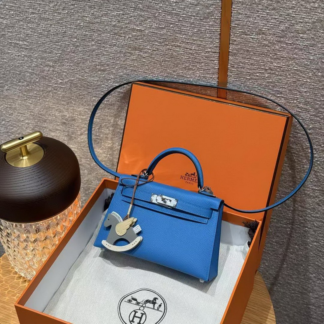 Hermes Kelly Mini 2 19 CM Bag Handmade In Epsom Calfskin Leather Silver Hardware 0F Blue Fruda - Image 13