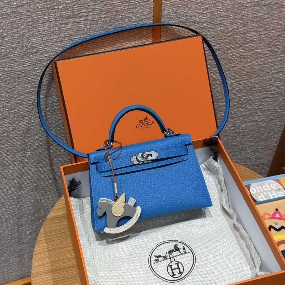 Hermes Kelly Mini 2 19 CM Bag Handmade In Epsom Calfskin Leather Silver Hardware 0F Blue Fruda - Image 12