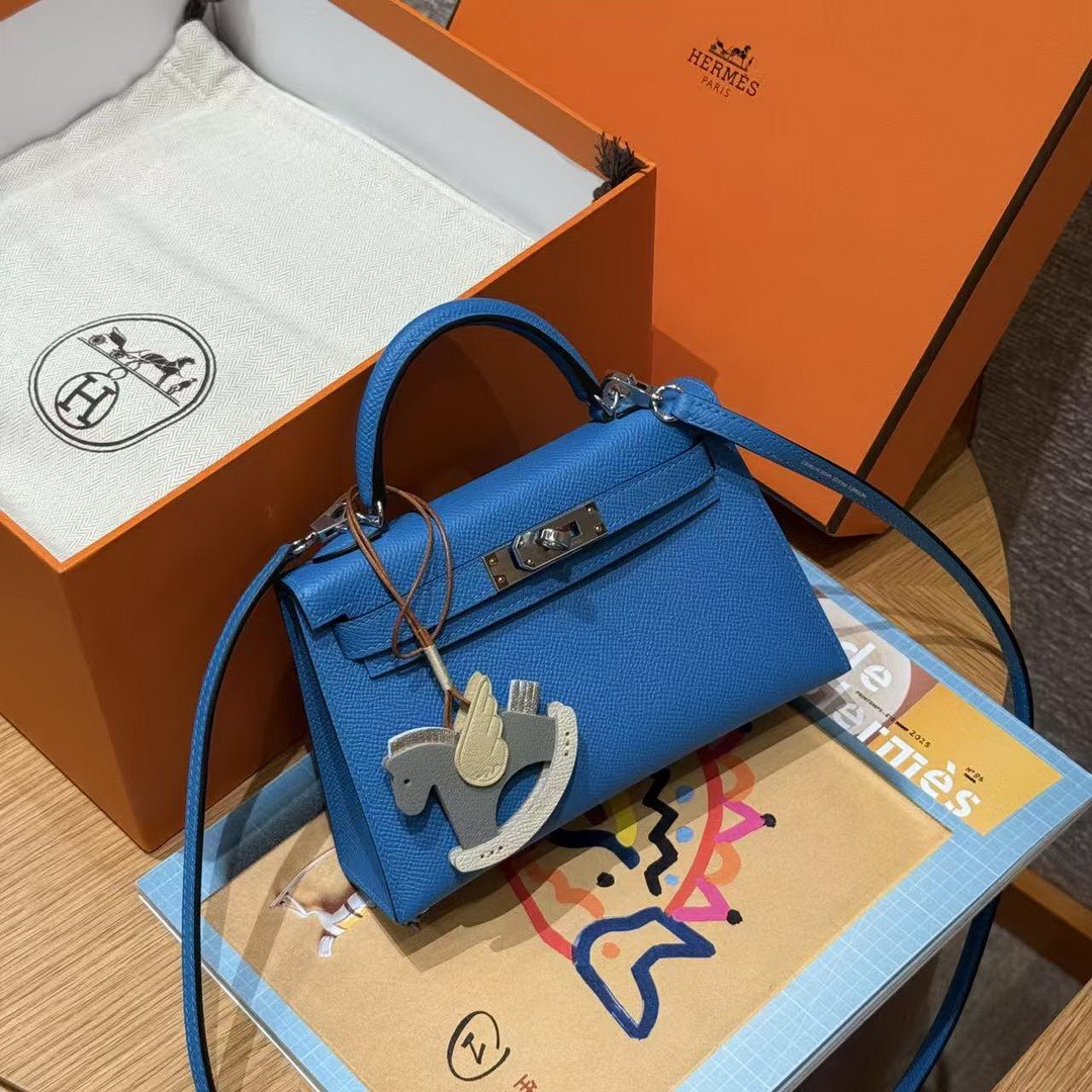 Hermes Kelly Mini 2 19 CM Bag Handmade In Epsom Calfskin Leather Silver Hardware 0F Blue Fruda - Image 11