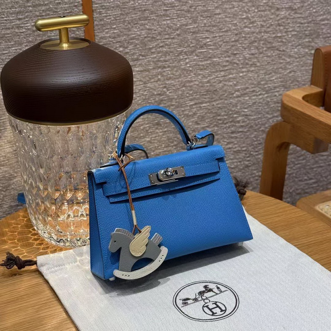Hermes Kelly Mini 2 19 CM Bag Handmade In Epsom Calfskin Leather Silver Hardware 0F Blue Fruda - Image 10