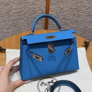 Hermes Kelly Mini 2 19 CM Bag Handmade In Epsom Calfskin Leather Silver Hardware 0F Blue Fruda - Image 9