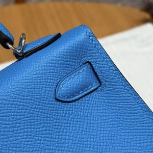 Hermes Kelly Mini 2 19 CM Bag Handmade In Epsom Calfskin Leather Silver Hardware 0F Blue Fruda - Image 7