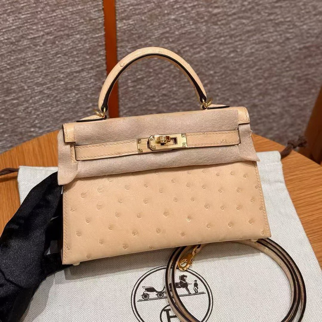 Hermes Kelly Mini 2 19 CM Bag Handmade In KK Ostrich Leather from South Africa Gold Hardware 0M Chai