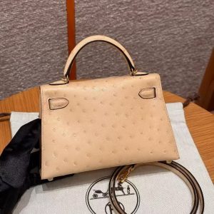 Hermes Kelly Mini 2 19 CM Bag Handmade In KK Ostrich Leather from South Africa Gold Hardware 0M Chai - Image 2