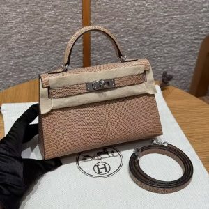 Hermes Kelly Mini 2 19 CM Bag Handmade In Lizard Leather from South Africa Silver Hardware 0M Chai