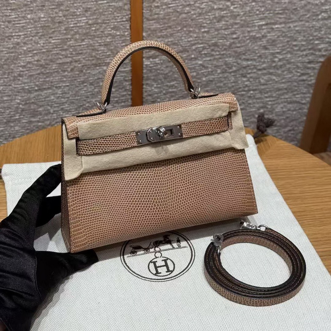 Hermes Kelly Mini 2 19 CM Bag Handmade In Lizard Leather from South Africa Silver Hardware 0M Chai