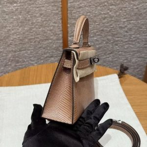 Hermes Kelly Mini 2 19 CM Bag Handmade In Lizard Leather from South Africa Silver Hardware 0M Chai - Image 2