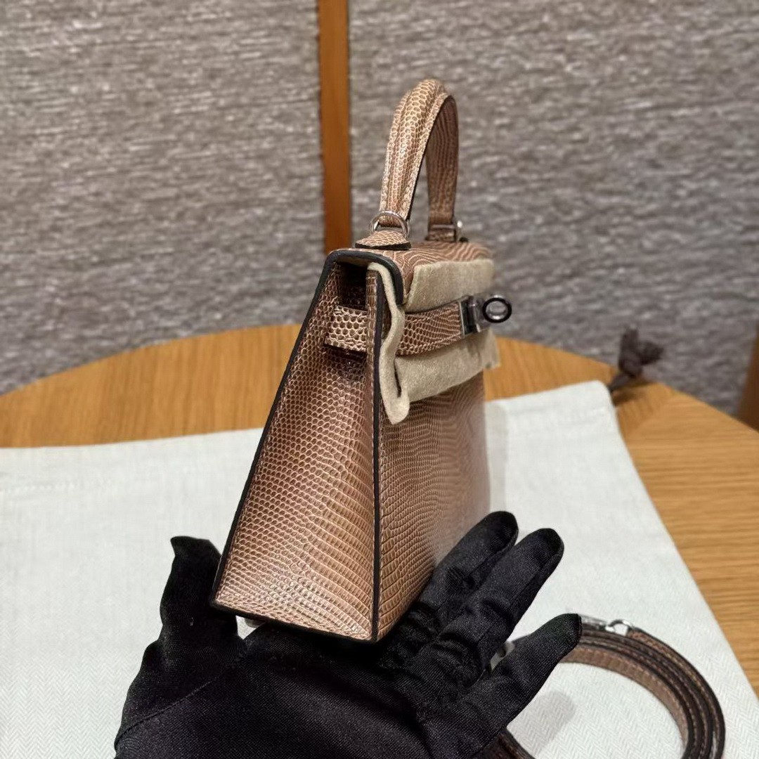 Hermes Kelly Mini 2 19 CM Bag Handmade In Lizard Leather from South Africa Silver Hardware 0M Chai - Image 2