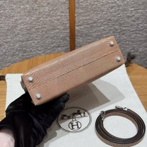 Hermes Kelly Mini 2 19 CM Bag Handmade In Lizard Leather from South Africa Silver Hardware 0M Chai - Image 19