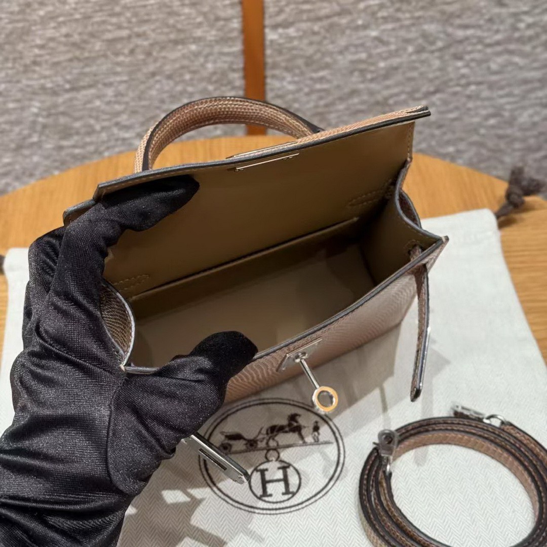 Hermes Kelly Mini 2 19 CM Bag Handmade In Lizard Leather from South Africa Silver Hardware 0M Chai - Image 18
