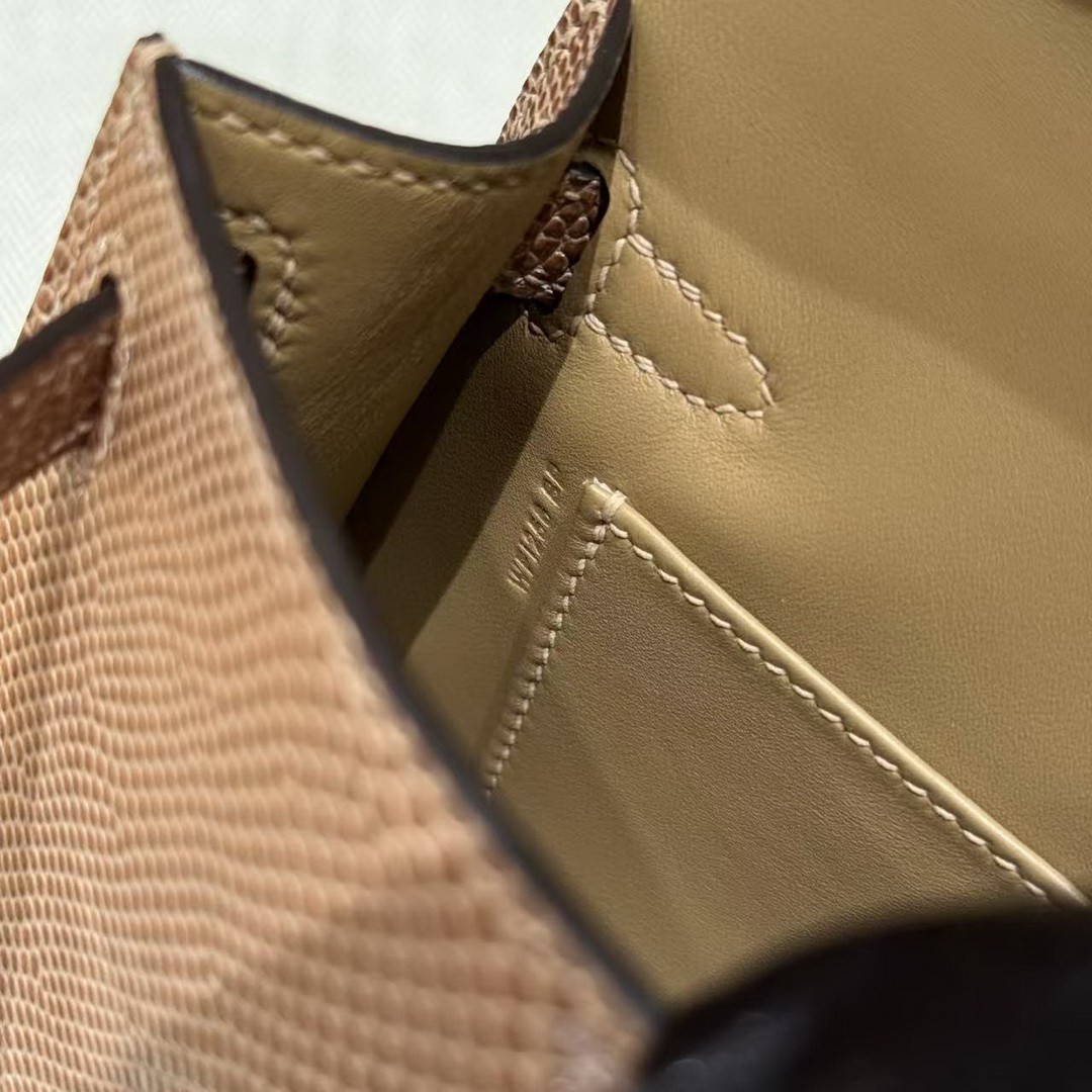 Hermes Kelly Mini 2 19 CM Bag Handmade In Lizard Leather from South Africa Silver Hardware 0M Chai - Image 17