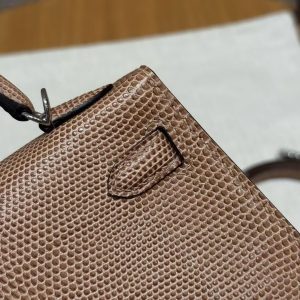 Hermes Kelly Mini 2 19 CM Bag Handmade In Lizard Leather from South Africa Silver Hardware 0M Chai - Image 14