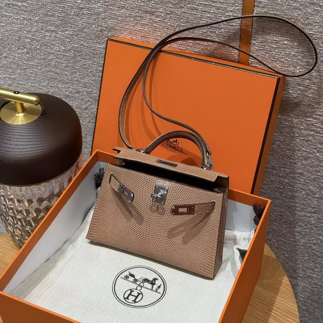 Hermes Kelly Mini 2 19 CM Bag Handmade In Lizard Leather from South Africa Silver Hardware 0M Chai - Image 12