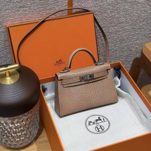 Hermes Kelly Mini 2 19 CM Bag Handmade In Lizard Leather from South Africa Silver Hardware 0M Chai - Image 11