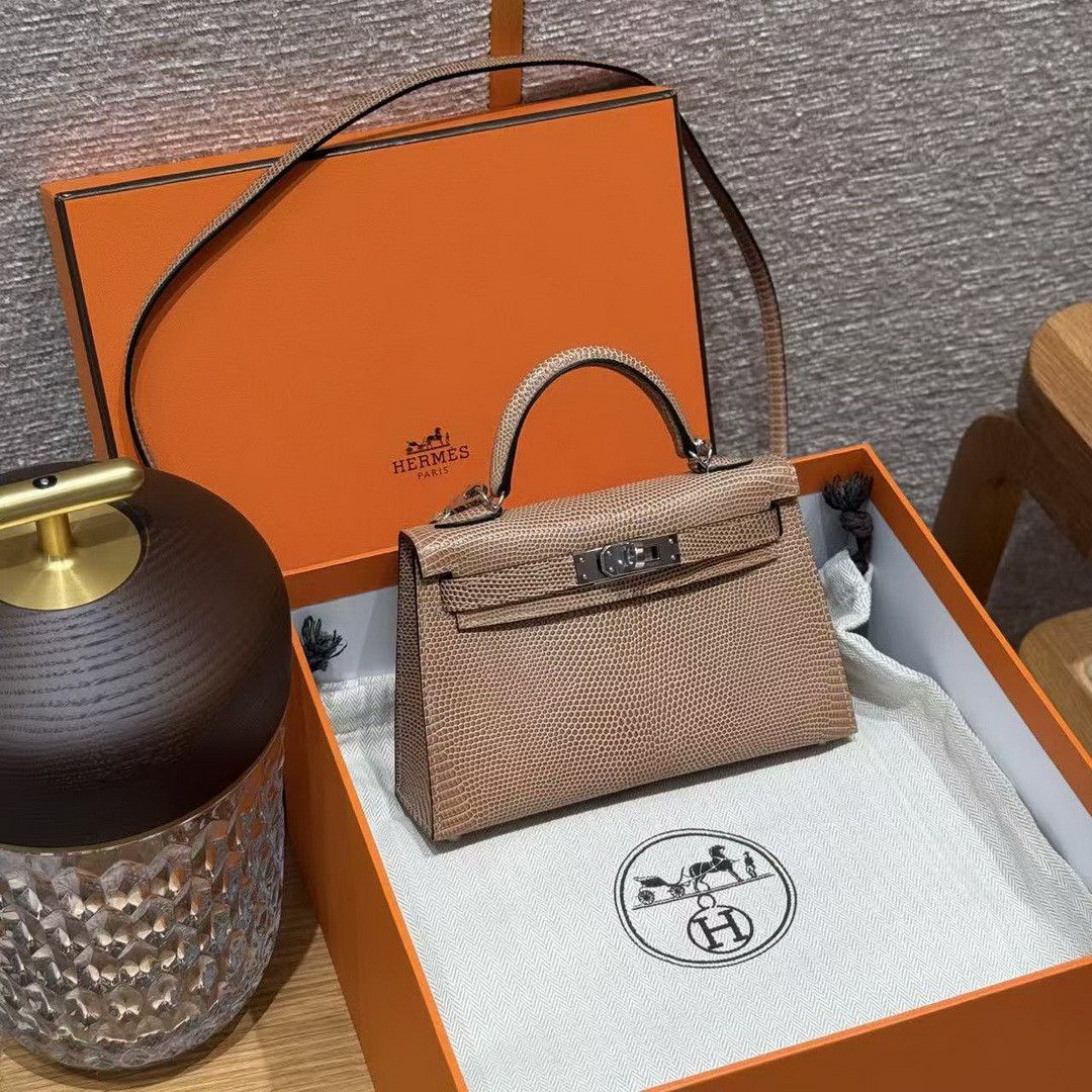 Hermes Kelly Mini 2 19 CM Bag Handmade In Lizard Leather from South Africa Silver Hardware 0M Chai - Image 11