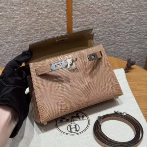 Hermes Kelly Mini 2 19 CM Bag Handmade In Lizard Leather from South Africa Silver Hardware 0M Chai - Image 9