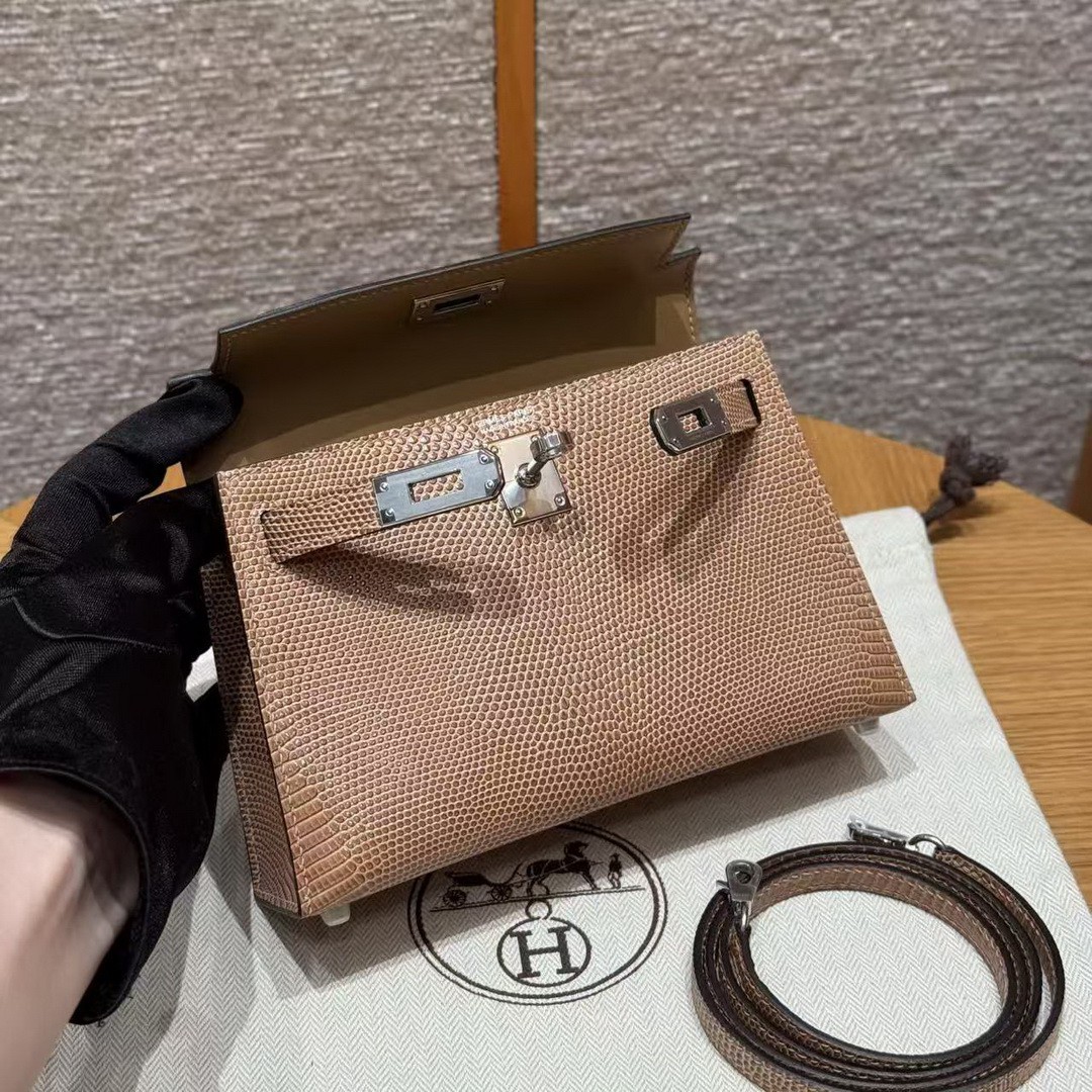 Hermes Kelly Mini 2 19 CM Bag Handmade In Lizard Leather from South Africa Silver Hardware 0M Chai - Image 9