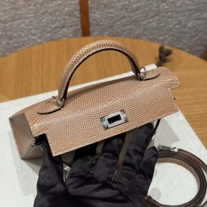 Hermes Kelly Mini 2 19 CM Bag Handmade In Lizard Leather from South Africa Silver Hardware 0M Chai - Image 8
