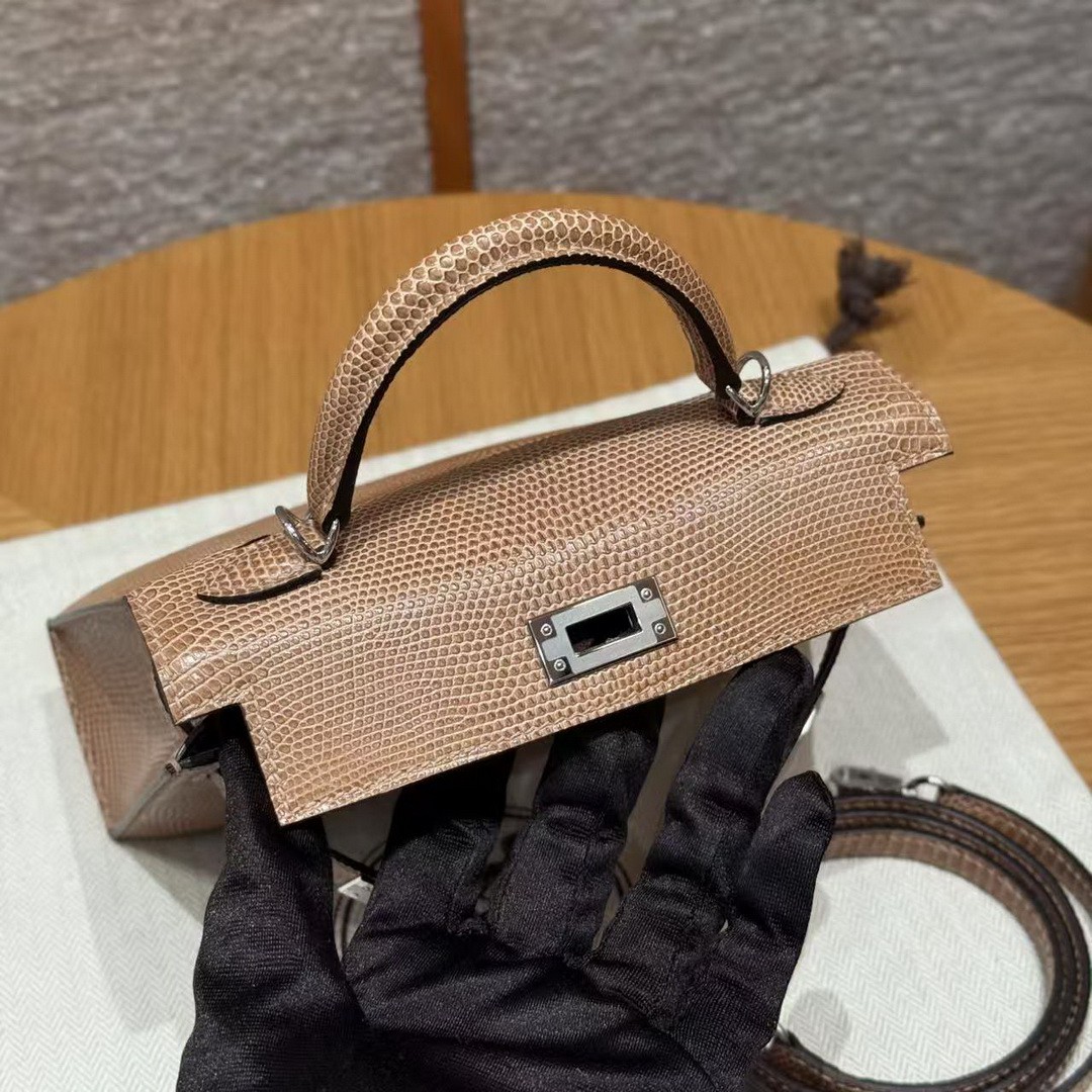 Hermes Kelly Mini 2 19 CM Bag Handmade In Lizard Leather from South Africa Silver Hardware 0M Chai - Image 8