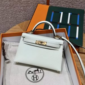 Hermes Kelly Mini 2 19 CM Bag Handmade In Epsom Calfskin Leather Gold Hardware 0S Vert Fizz - Image 6