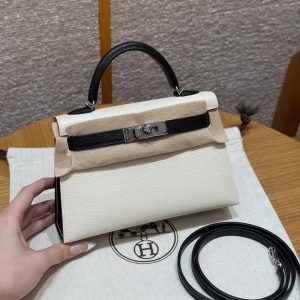 Hermes Kelly Mini 2 19 CM Bag Handmade In Chèvre Calfskin Leather Sliver Hardware 10 Craie 89 Noir