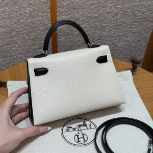 Hermes Kelly Mini 2 19 CM Bag Handmade In Chèvre Calfskin Leather Sliver Hardware 10 Craie 89 Noir - Image 2