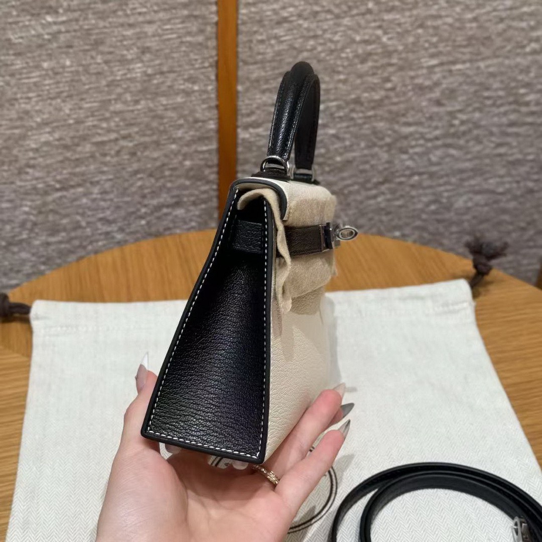 Hermes Kelly Mini 2 19 CM Bag Handmade In Chèvre Calfskin Leather Sliver Hardware 10 Craie 89 Noir - Image 23