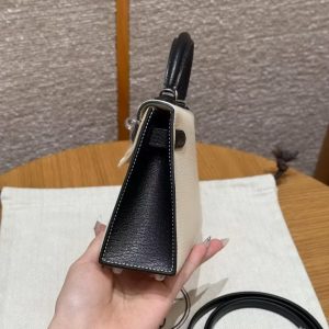 Hermes Kelly Mini 2 19 CM Bag Handmade In Chèvre Calfskin Leather Sliver Hardware 10 Craie 89 Noir - Image 22