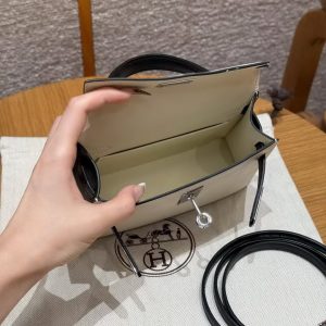 Hermes Kelly Mini 2 19 CM Bag Handmade In Chèvre Calfskin Leather Sliver Hardware 10 Craie 89 Noir - Image 20