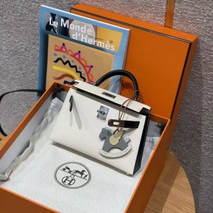 Hermes Kelly Mini 2 19 CM Bag Handmade In Chèvre Calfskin Leather Sliver Hardware 10 Craie 89 Noir - Image 16