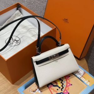 Hermes Kelly Mini 2 19 CM Bag Handmade In Chèvre Calfskin Leather Sliver Hardware 10 Craie 89 Noir - Image 15