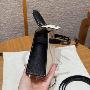 Hermes Kelly Mini 2 19 CM Bag Handmade In Chèvre Calfskin Leather Sliver Hardware 10 Craie 89 Noir - Image 10