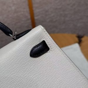 Hermes Kelly Mini 2 19 CM Bag Handmade In Chèvre Calfskin Leather Sliver Hardware 10 Craie 89 Noir - Image 8