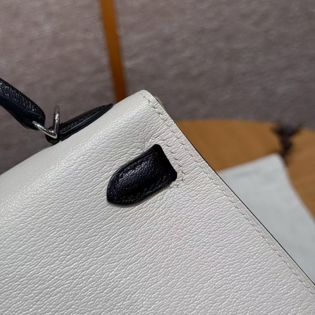 Hermes Kelly Mini 2 19 CM Bag Handmade In Chèvre Calfskin Leather Sliver Hardware 10 Craie 89 Noir - Image 8