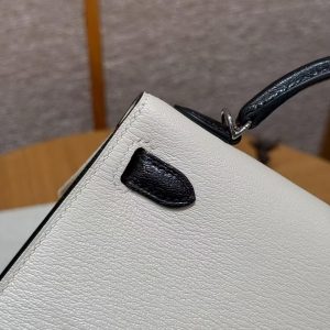 Hermes Kelly Mini 2 19 CM Bag Handmade In Chèvre Calfskin Leather Sliver Hardware 10 Craie 89 Noir - Image 7