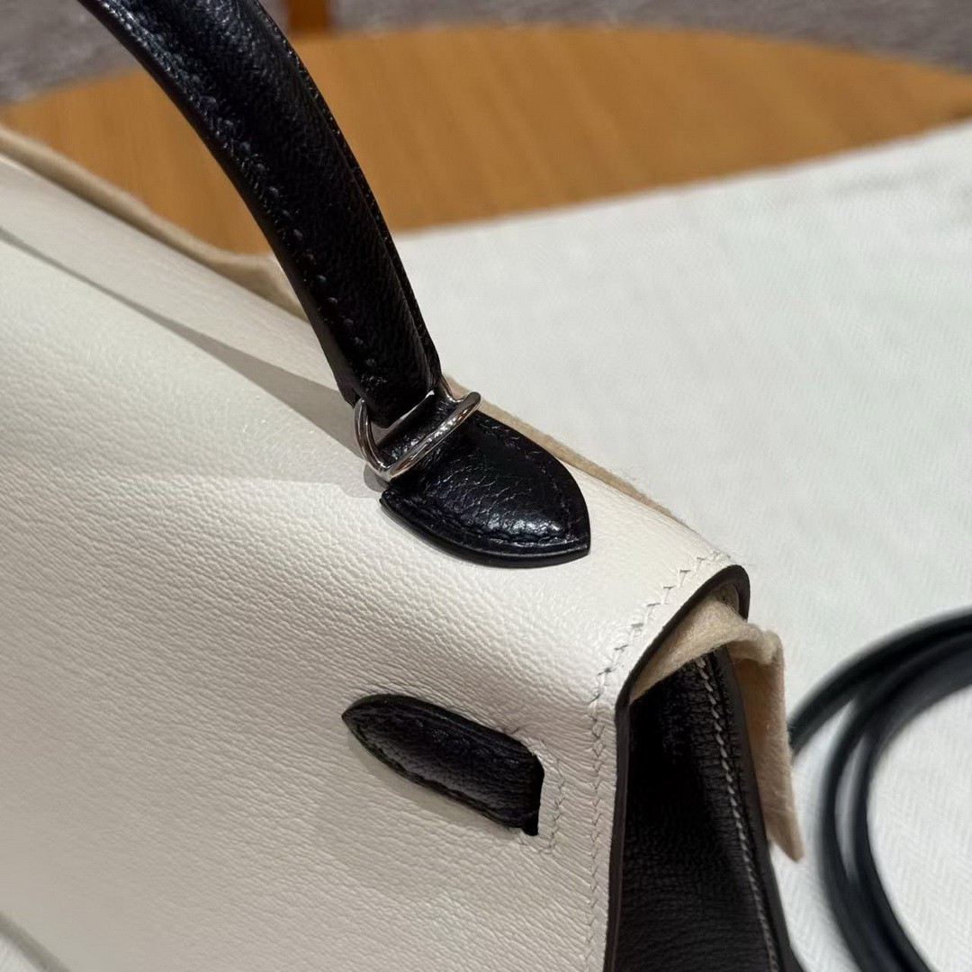 Hermes Kelly Mini 2 19 CM Bag Handmade In Chèvre Calfskin Leather Sliver Hardware 10 Craie 89 Noir - Image 4