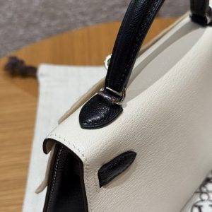 Hermes Kelly Mini 2 19 CM Bag Handmade In Chèvre Calfskin Leather Sliver Hardware 10 Craie 89 Noir - Image 3