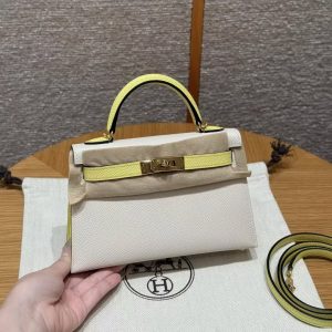 Hermes Kelly Mini 2 19 CM Bag Handmade In Epsom Calfskin Leather Gold Hardware 10 Craie 9R Lime