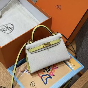 Hermes Kelly Mini 2 19 CM Bag Handmade In Epsom Calfskin Leather Gold Hardware 10 Craie 9R Lime - Image 5