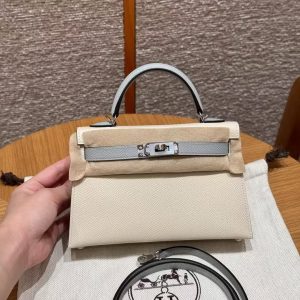 Hermes Kelly Mini 2 19 CM Bag Handmade In Epsom Calfskin Leather Silver Hardware 10 Craie J7 Blue Lin