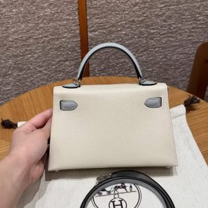 Hermes Kelly Mini 2 19 CM Bag Handmade In Epsom Calfskin Leather Silver Hardware 10 Craie J7 Blue Lin - Image 2