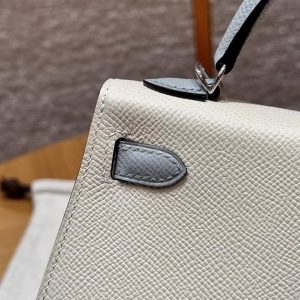 Hermes Kelly Mini 2 19 CM Bag Handmade In Epsom Calfskin Leather Silver Hardware 10 Craie J7 Blue Lin - Image 14
